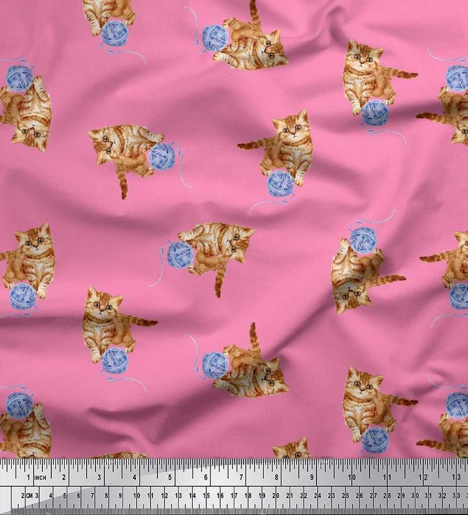 Soimoi Japan Crepe Satin Fabric Wool & Cat Animal Print Fabric by the Metre 42 Inch