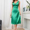 Sommer Sexy V-ausschnitt Backless Einfarbig Faux Seide Dünnes Kleid Für Frauen Bankett Tank Top Langes Kleid S-XL