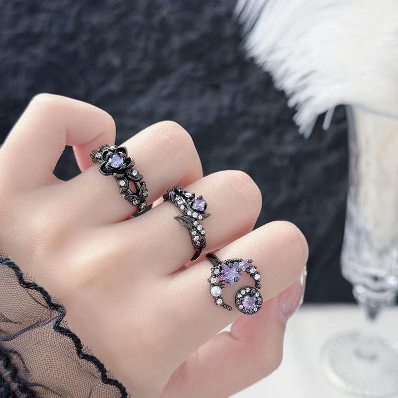 "Minimalist Dark Purple" Dark Punk Personality Delicate Zircon Ring Women'S Temperament Sweet Cool Wind Index Finger Ring