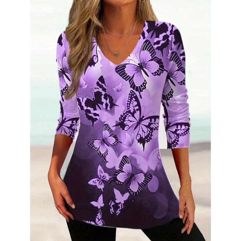Women's Elegant V-Neck Marble Print Long Sleeve T-Shirt Soft Polyester Great for Autumn and Winter Casual Wear Floral Print Tops