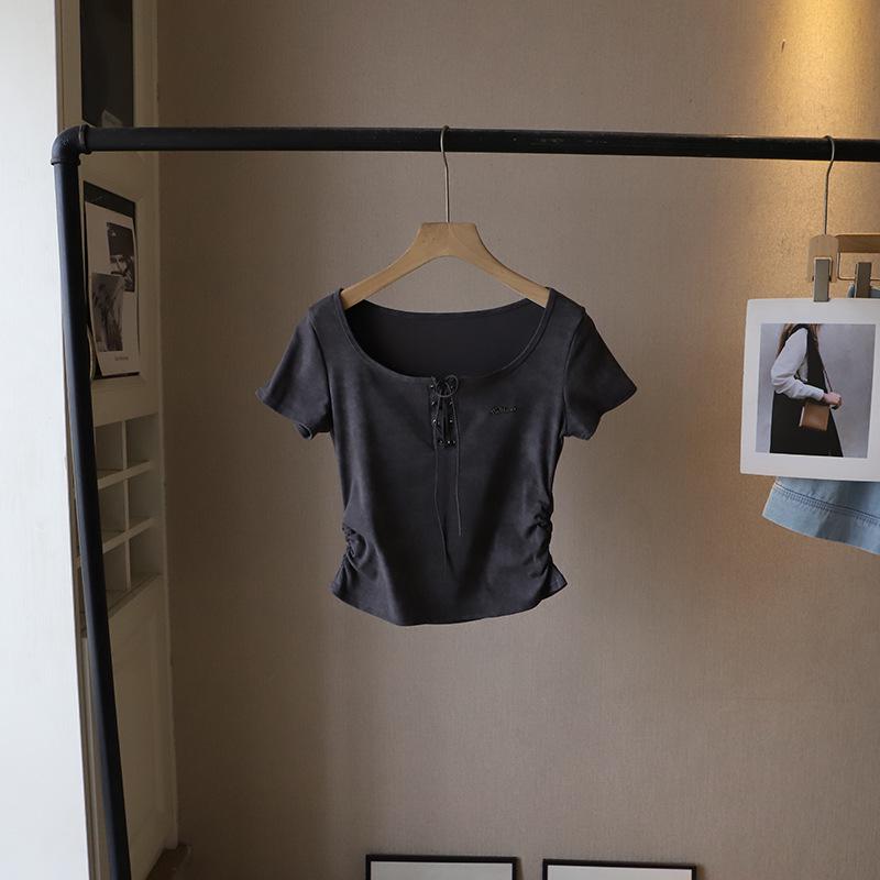 

Bi Zheng 2025 Korean U-Neck Tie-Dye Ruched Slimming Short-Sleeve Women s Top One Size деревне вугілля