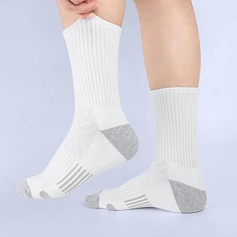 Men's Solid Color Color-blocking Sports Socks, Plus-size Basketball Mid-calf Socks, Cotton Breathable, Autumn and Winter, Black, White and Gray