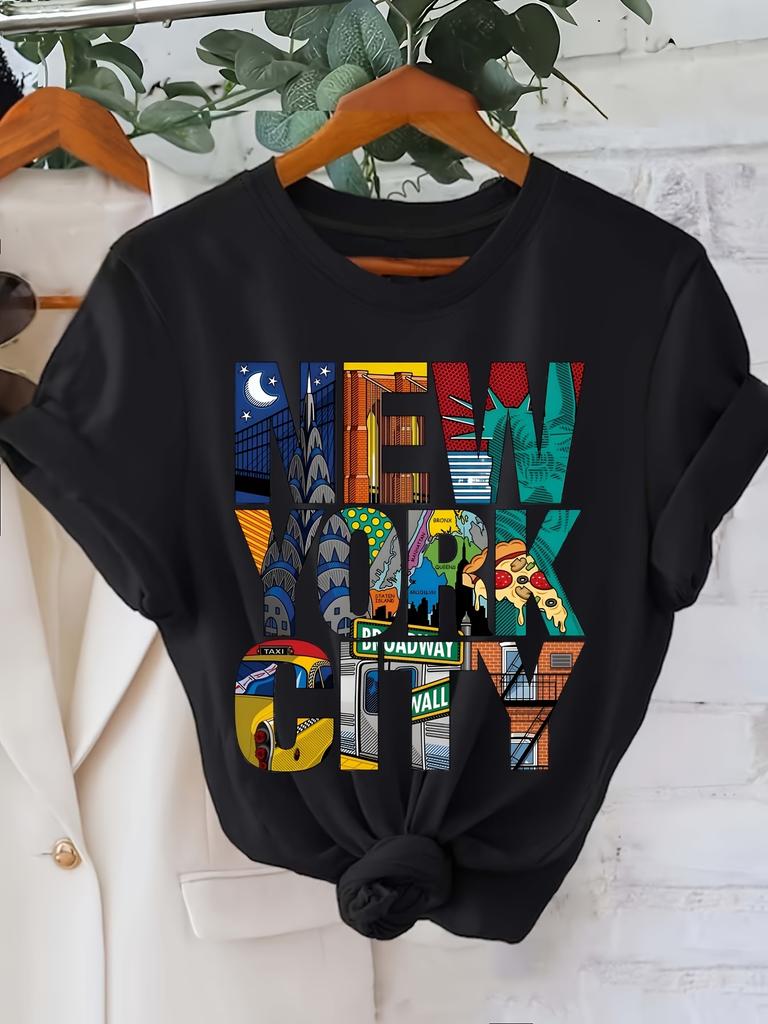 Women's Summer 100% Cotton Fashion Casual New York City Pattern Printed Loose Round Neck Short Sleeve T-shirt Top
