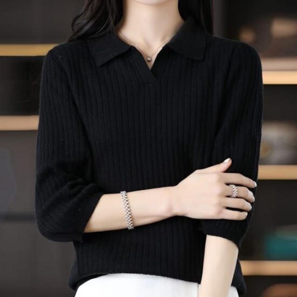 Navava Women Solid Ribbed Collar 3 4 KniT T Nk3586