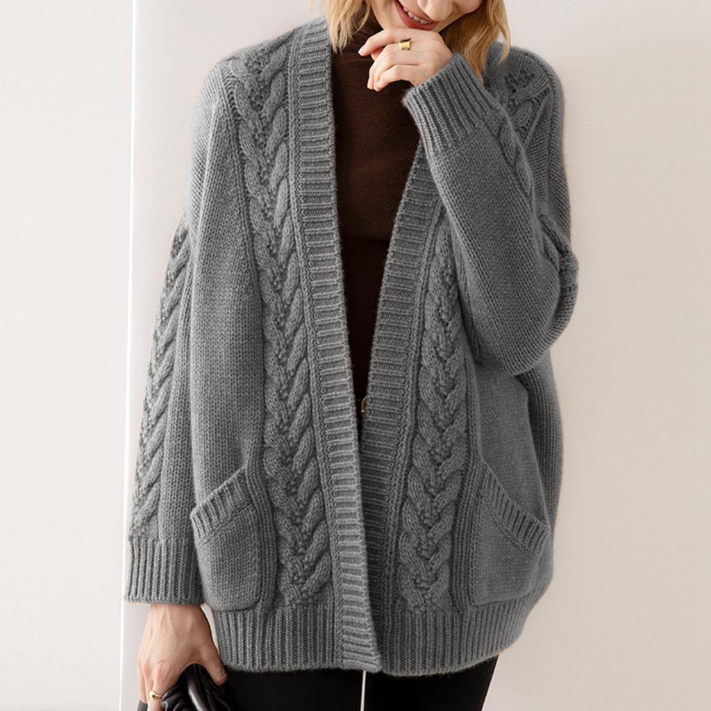 Ladies New Autum And Winter Loose Cable Knit Mid-length Sweater Coat