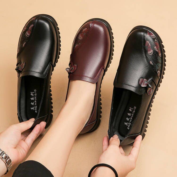 Women's Spring and Autumn PU Leather Soft Soled Single Shoes for Middle-aged and Elderly People, Comfortable Flat Bottomed Non Slip Shoes