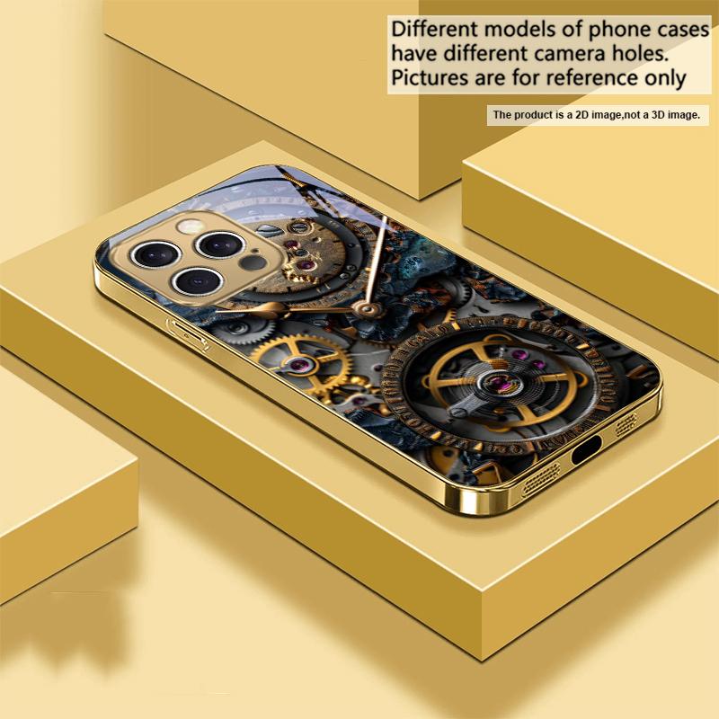 Precision metal gear For IPhone 17Pro Max 16 17 Pro 15 Pro 14 13 Plus 12 Mini 11Pro Max XR 16E 17Air Golden glass phone case