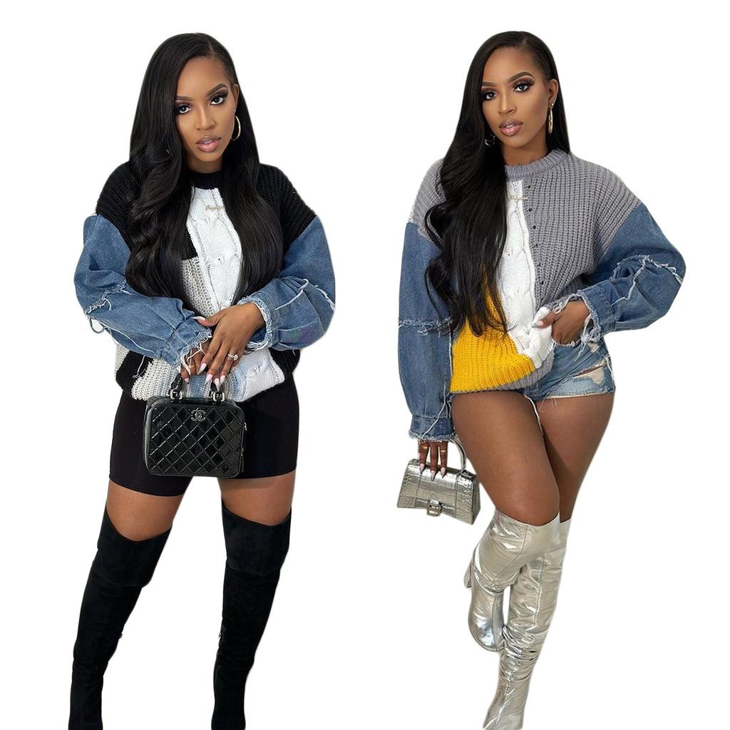 Jerséis de Punto Mohair de Manga Larga con Cuello Redondo y Parche de Mezclilla Deshilachada para Mujer, Suéteres Holgados Femeninos, Tops, Ropa de Mujer, Moda