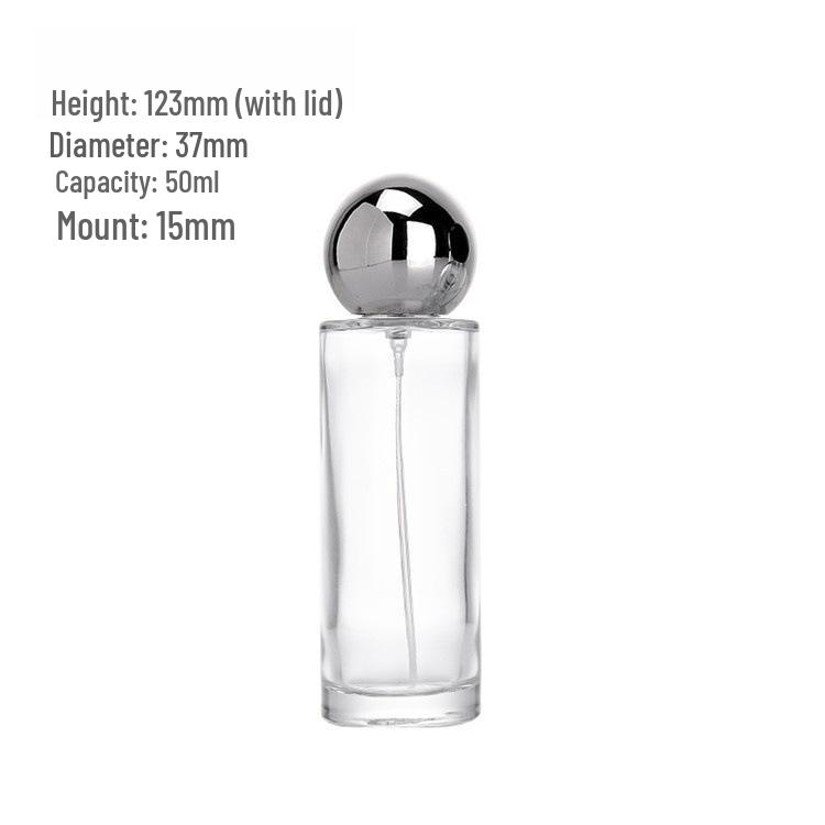 50ml Glass Empty Perfume Bottle with Round Ball Cap and Spray, Transparent Decanter for 15 Crimp Neck Fragrance.