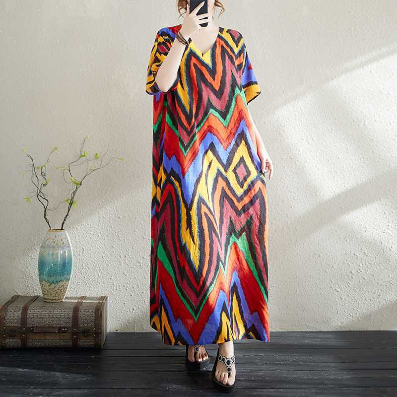 Summer Cotton and Linen Printed Loose and Simple Long Skirt Thin