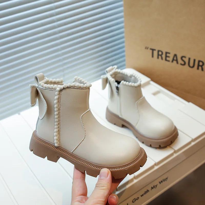 2024 Children Leather Shoes for Girls Autumn Winter New Fashion Korean Style Soft Bottom Anti-slippery Versatile Short Boots