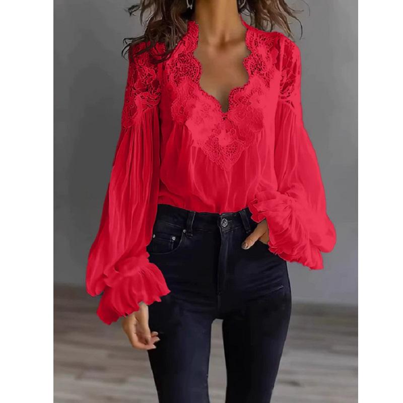 Women Lace Blouses and Shirts Ladies Puff Sleeve V-neck Tops Shirts