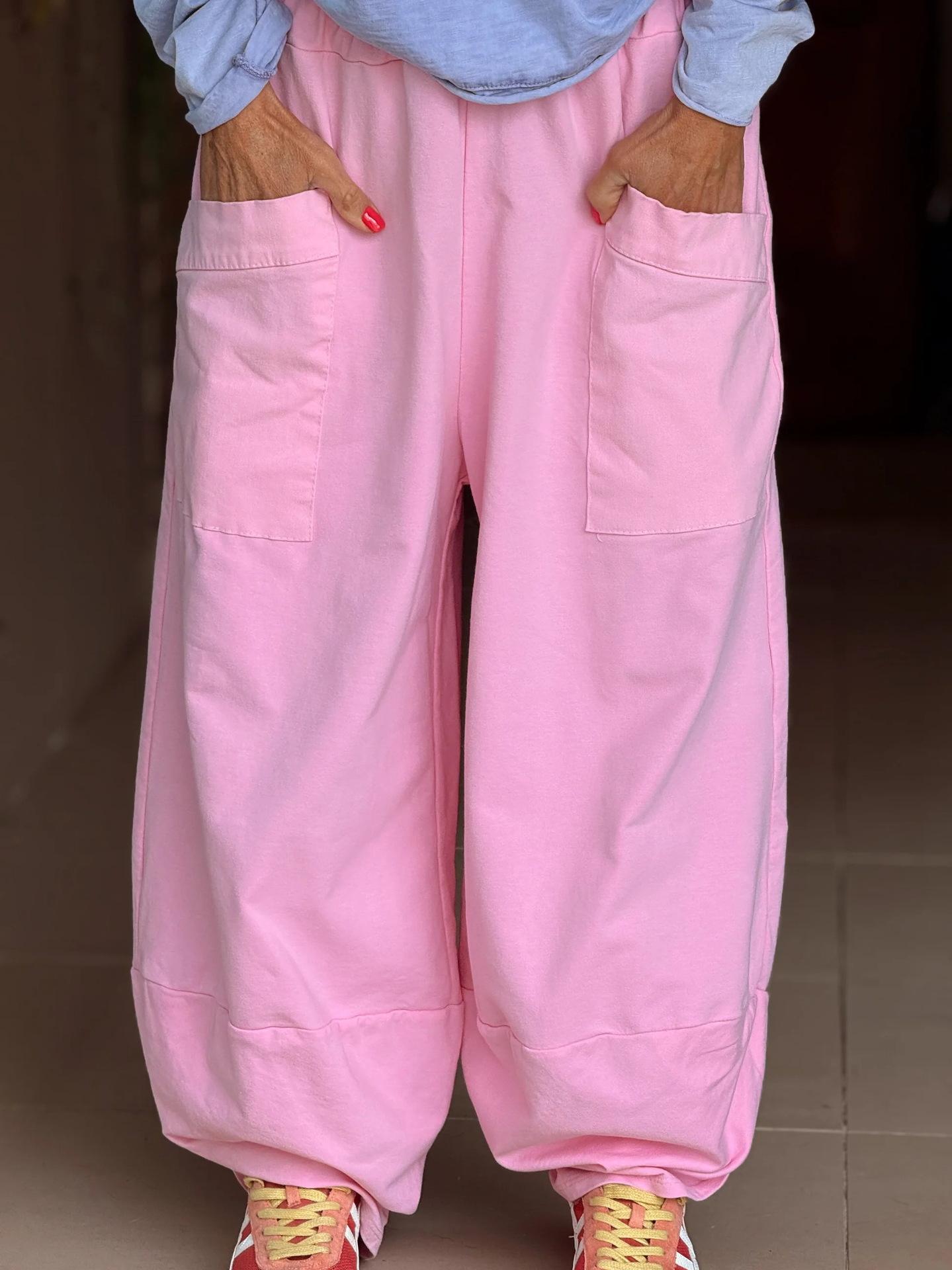 Women Solid Color Elastic Waist Wide Leg Casual Pants With Pockets S розовый