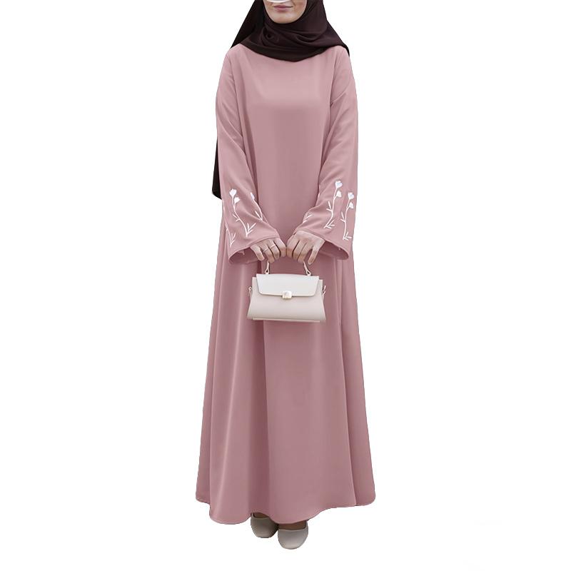 ZANZEA Women Round Neck Casual Floral Embroidery Long Sleeve Loose Muslim Dress