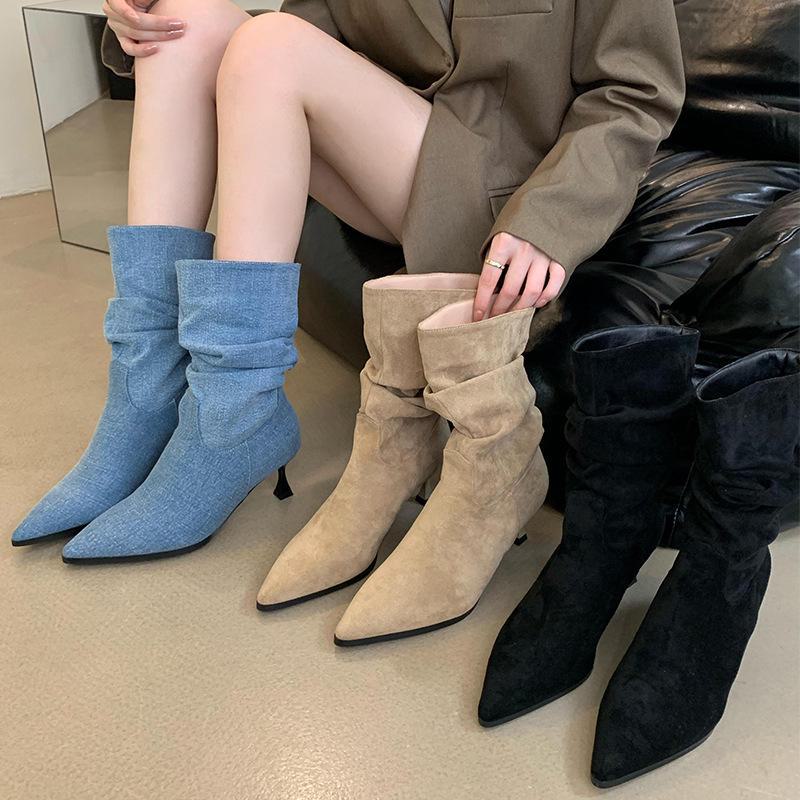 Women’s 2024 Autumn Retro Slim Heel Pleated Mid-Tube Pointed Toe Boots