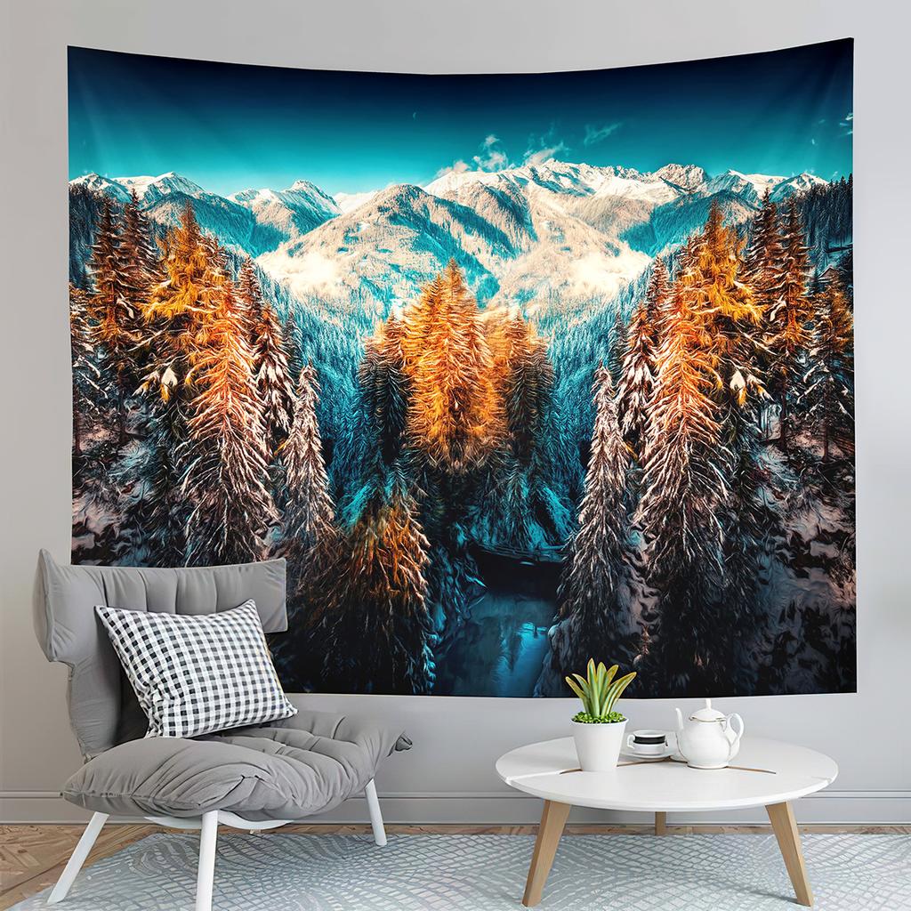 Nature Mountain Forest Tapestry Winter Snowy Tree Landscape Tapestry Wall Hanging Decor Tapestries Bedroom Home Living Room Dorm