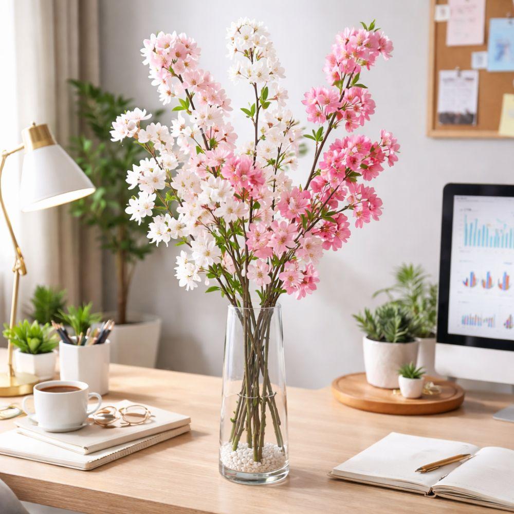 Long Artificial Cherry Blossom with Leaves Fake Flower Silk Cherry Blossoms Branch  Home Decoration