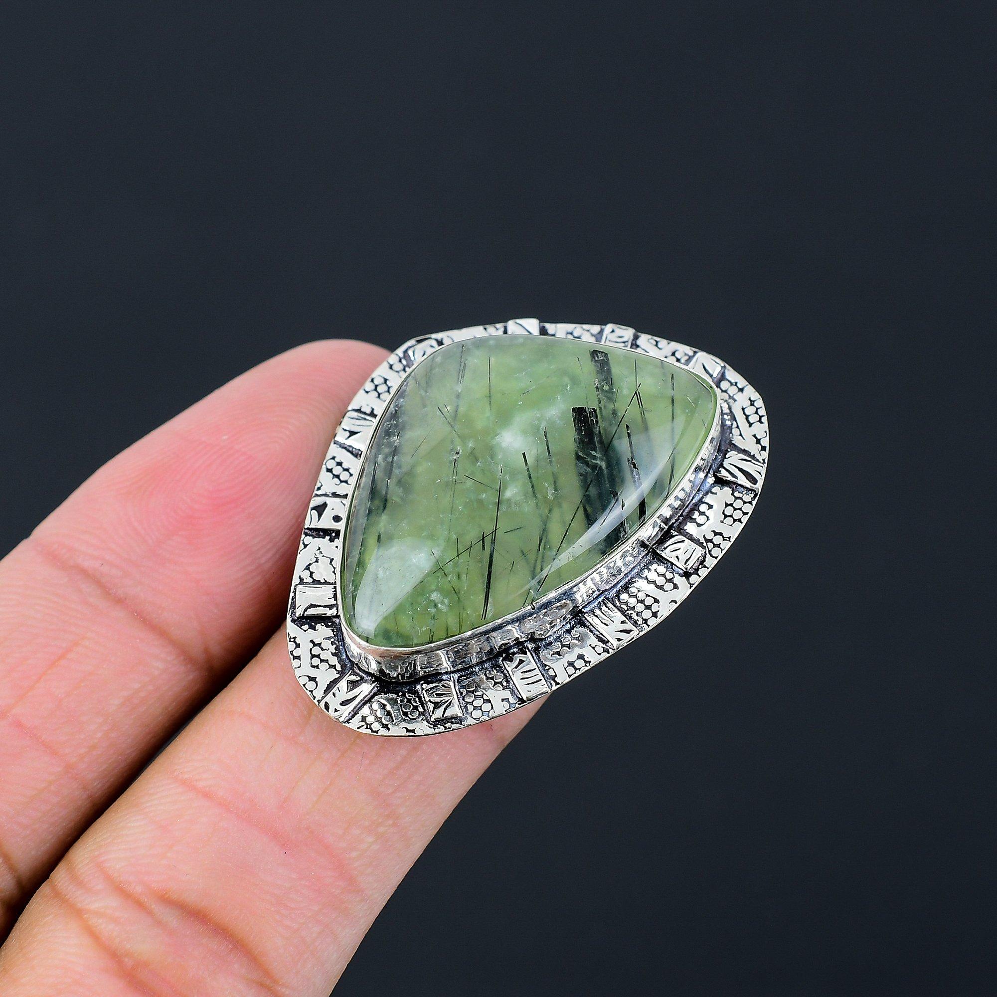 Moss Prehnite Gemstone Sterling Silver Wedding Solitaire Statement Ring Size 6.5 6.5