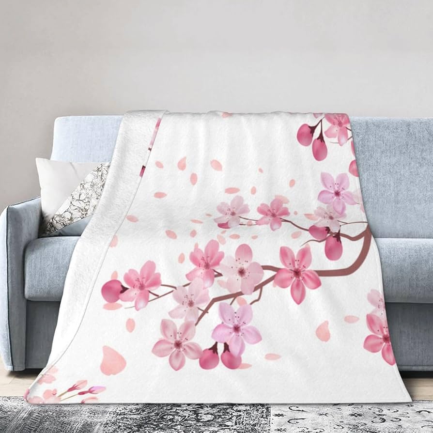 Cherry Blossom Throw Blanket Branches Flower Print Fleece Flannel Blanket Japanese Style Soft Fuzzy Blanket for Sofa Couch Bed