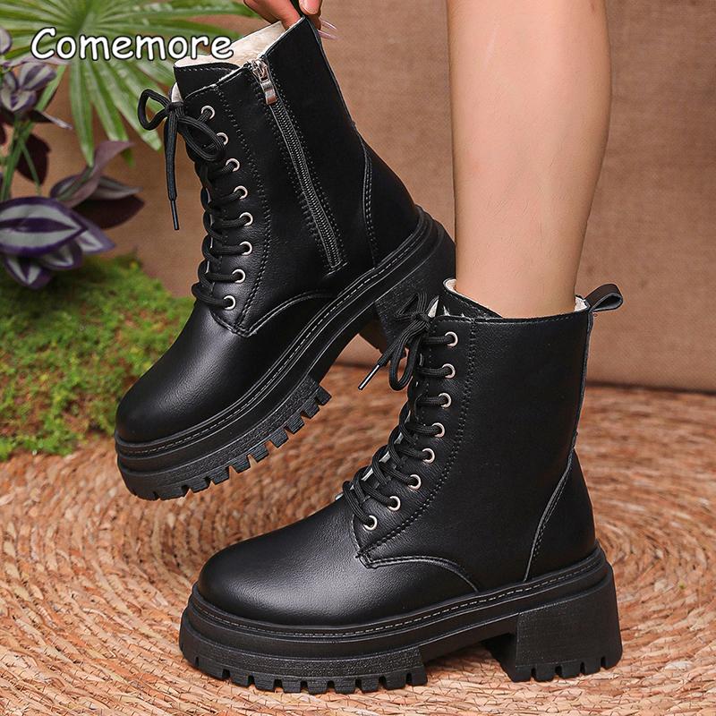 Fashion Women's Winter Warm Short Plush Ankle Boots Comfy Pu Leather High Heels Botas Mujer Fashion Lace Up Zip Platform Modern Boots