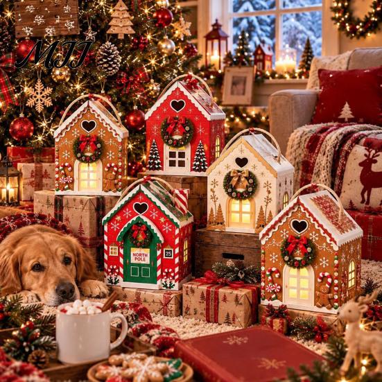 Reusable Seasonal Gift Containers Christmas House Shaped Candy Boxes with Handles, Festive Cottage Winter Holiday Packages Treat for Cookies