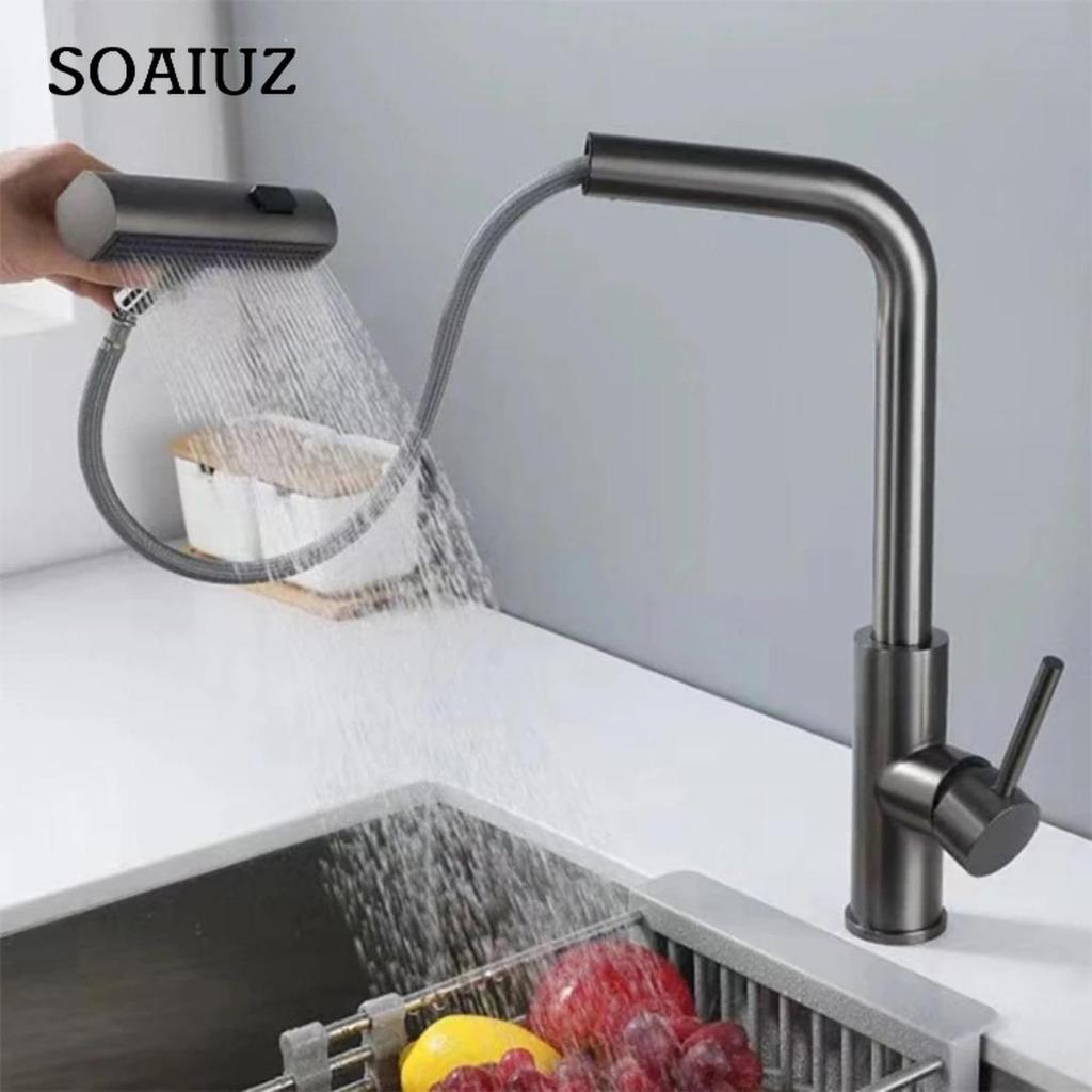 Black Kitchen Faucets Gray Pull Out Rotation Waterfall Stream Sprayer Head Sink Mixer Brushed Nickle Water Tap Accessorie