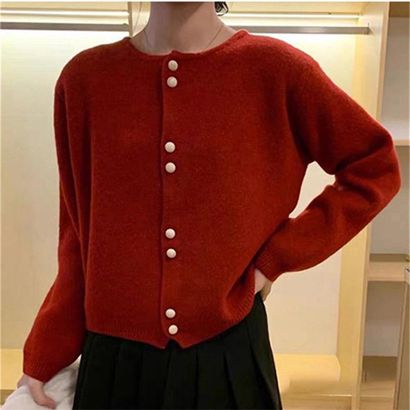 

Милый мягкий восковой однотонный вязаный кардиган осень-зима свободный конфетного цвета нежный свитер-жакет с круглым вырезом женский 412-54 (average size) красный