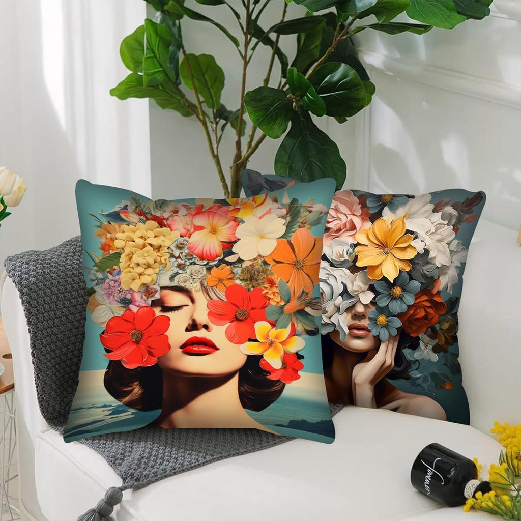 4pcs Floral Portrait Theme digital printing pillow cover Short plush Suitable living rooms bedrooms sofas throw cushion cover