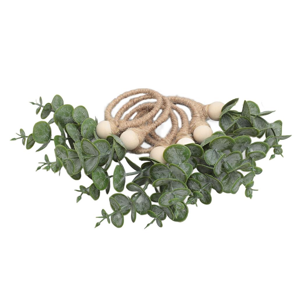 6pcs Hand Woven Faux Eucalyptus Leaf Napkin Rings Easter Spring Wooden Bead Farmhouse Napkin Rings for Weddings Christmas Party Table Decoration