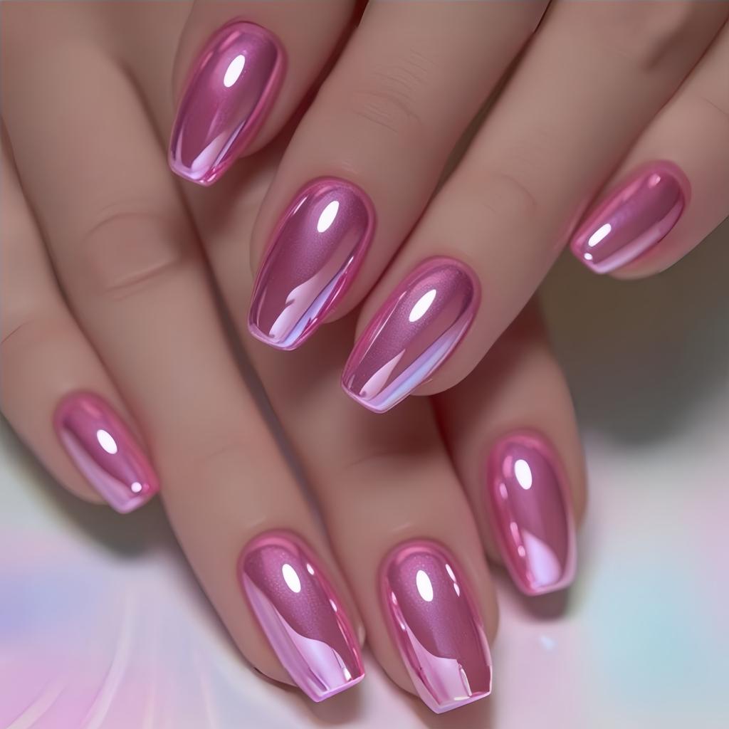 24 Stück Metallisch Glänzend Gotischer Stil Rosa Unifarbene Nagelaufkleber, Geeignet Für Frauen Mädchen Falsche Nägel Press-On Nägel Nagelzubehör