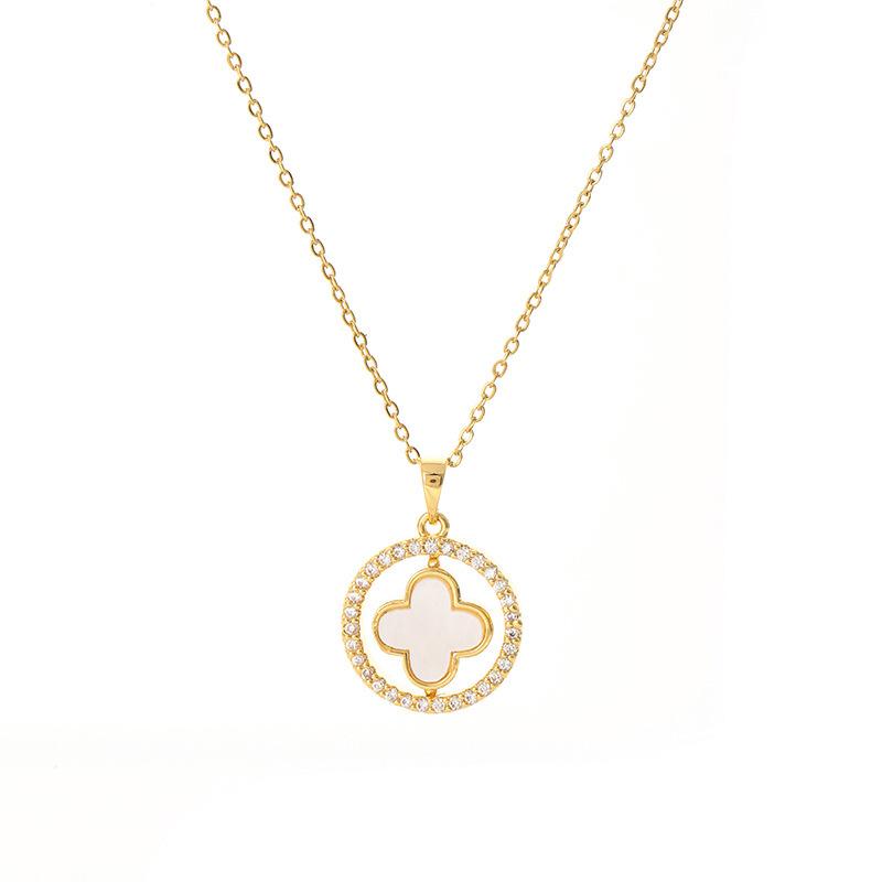 Shell Double-sided Micro Inlaid Four Leaf Grass Pendant Titanium Steel Necklace, the Best Gift for Girls