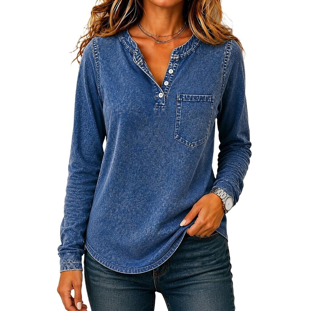Top Blusa da Donna Casual a Maniche Lunghe con Bottoni Colorato