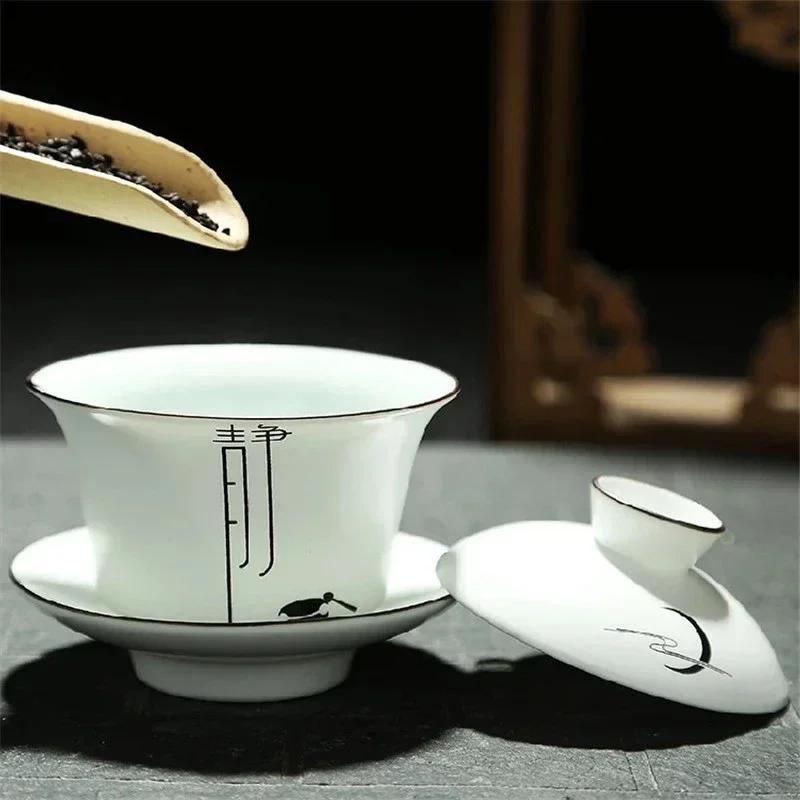 Jingdezhen-Chinese Gaiwan Tea Bowl, Household Porcelain Cups, Beautiful Teaware Teacup and Saucer Set, Ceramic Drinkware Tureen