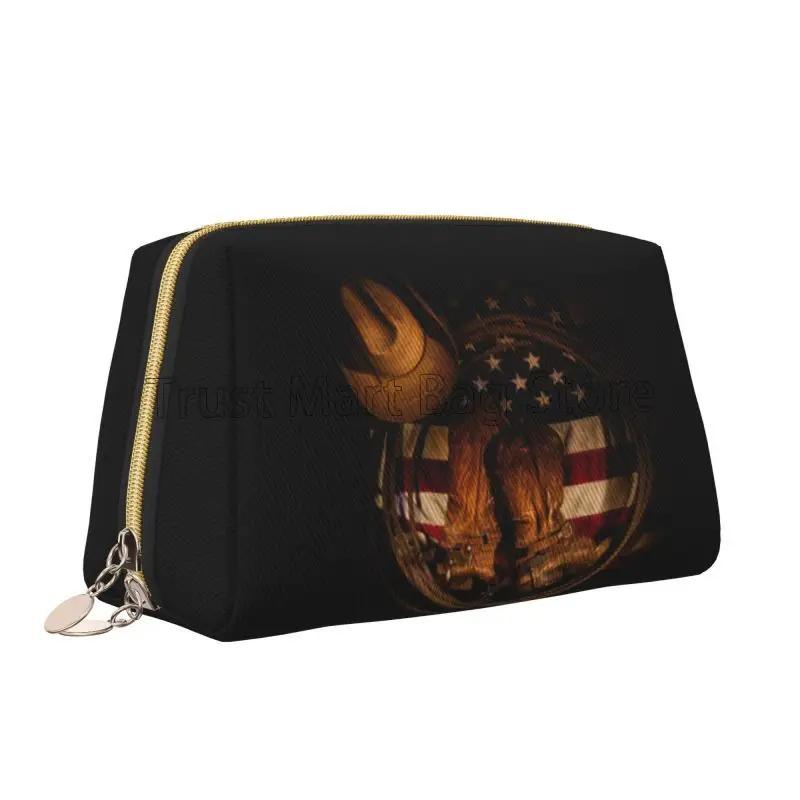 

United Cowboy Print Black Leather Makeup Bag Large Capacity Travel Storage Pouch Portable Toiletry Cosmetic Bag for Women