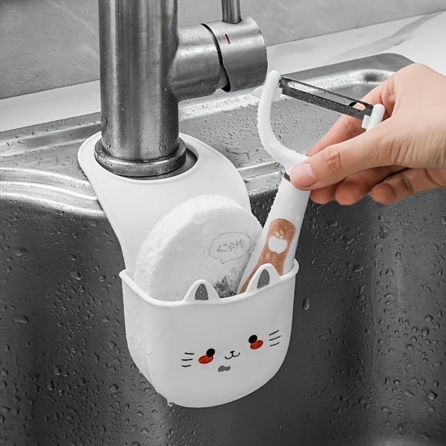 3pcs Set, Cute Cat Silicone Faucet Cover, Sponge Holder with Drainage Hole, Drying Rack, Storage Rack, Over-Sink Drain Rack
