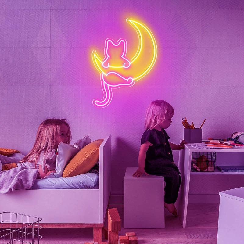 Anime Cat & Moon Neon Sign Personalized Neon Signs for Room Wall Decor LED Night Lights Home Decor Lights Gift for Girls Boys