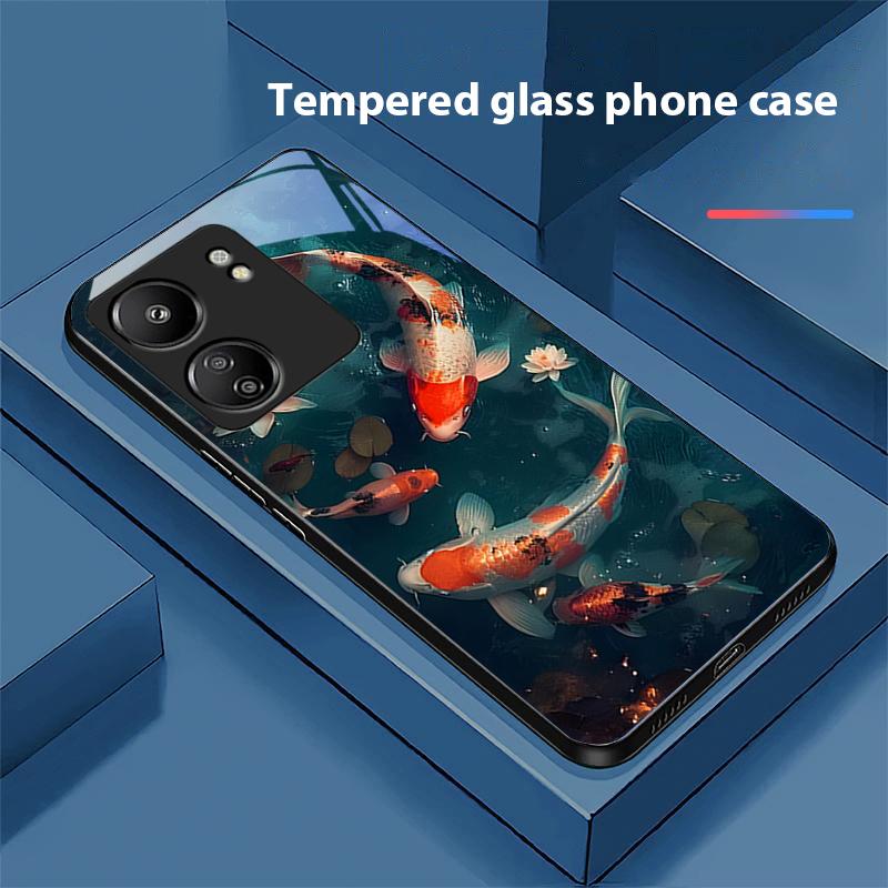 Chinesischer Windfisch Für Xiaomi Redmi 13C Note13 12 Pro Plus 5G Note 9 13T Pro POCO X6 F5 F6 Schwarze Handyhülle aus gehärtetem Glas