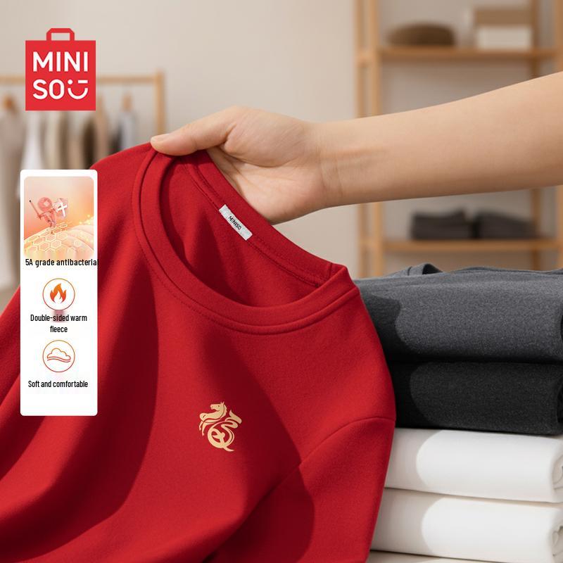 MINISO Men's Fleece-Lined Round Neck Thermal T-Shirt