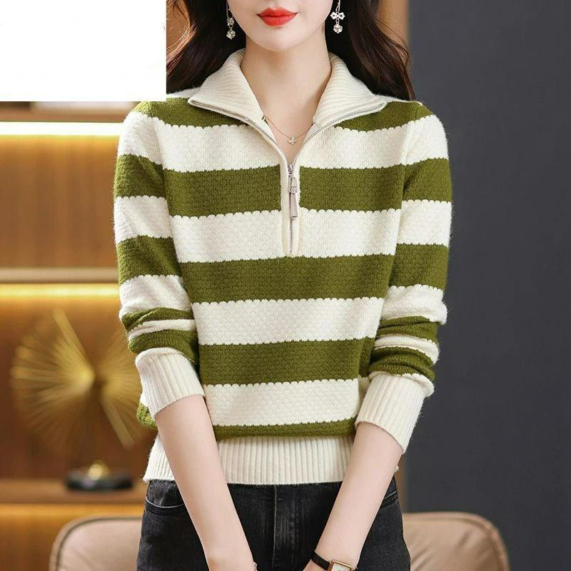 

Women s Striped Bottoming Zipper Sweater Loose Lapel Top L зелёный