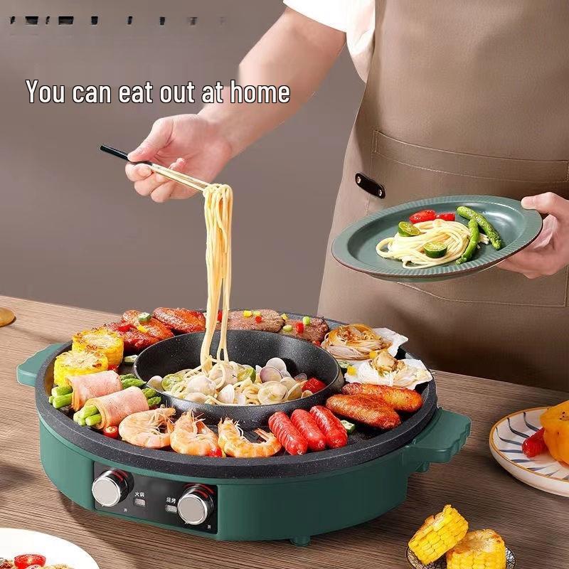 Große Grill- und Hot-Pot-Kombination mit Doppelsteuerung, Antihaft-BBQ-Pfanne, Koreanischer Stil, Geringe Rauchentwicklung