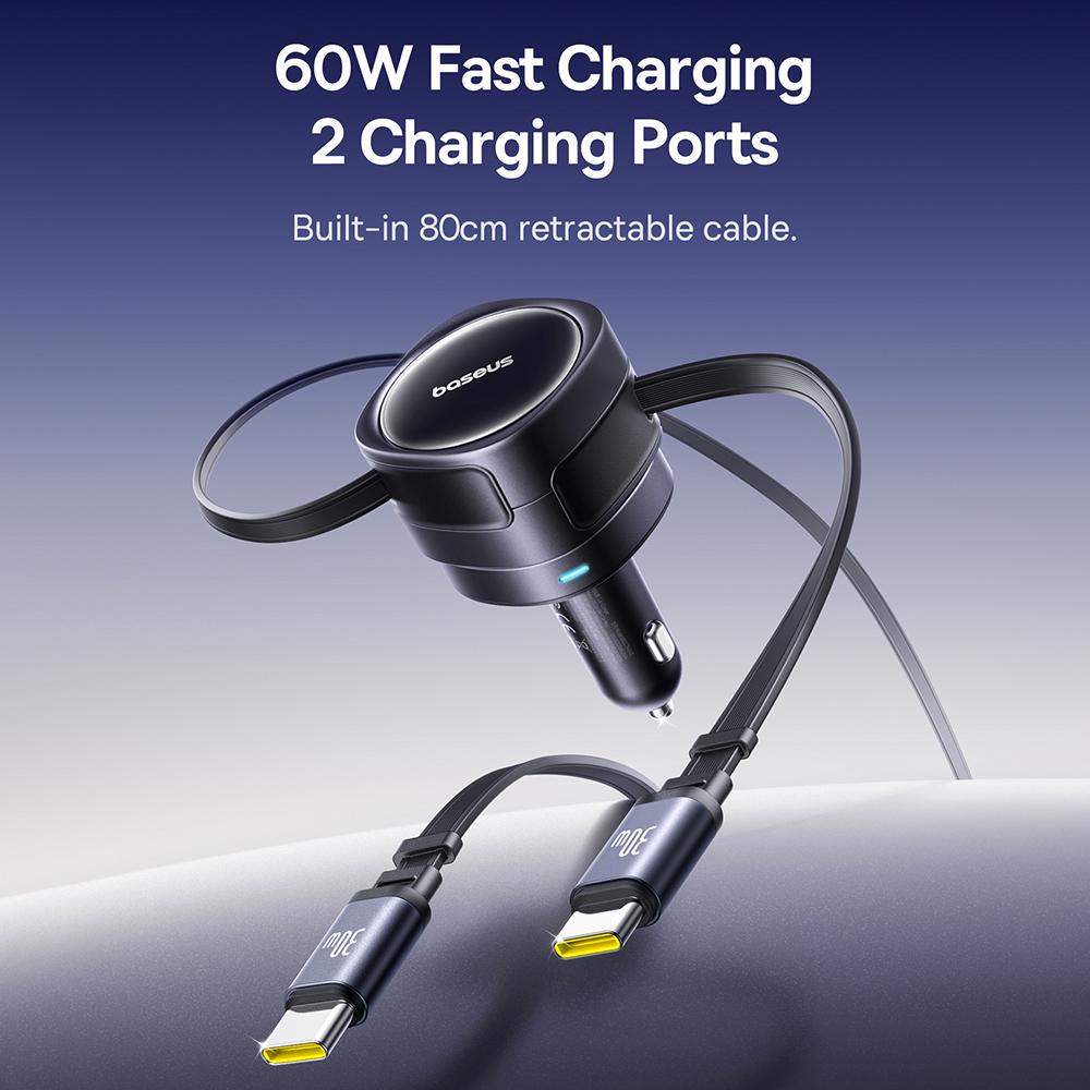 Încărcător Auto BASEUS Enjoyment Max 60W C+C Cablu Dual Design Rotativ Încărcare Rapidă Cabluri Retractabile