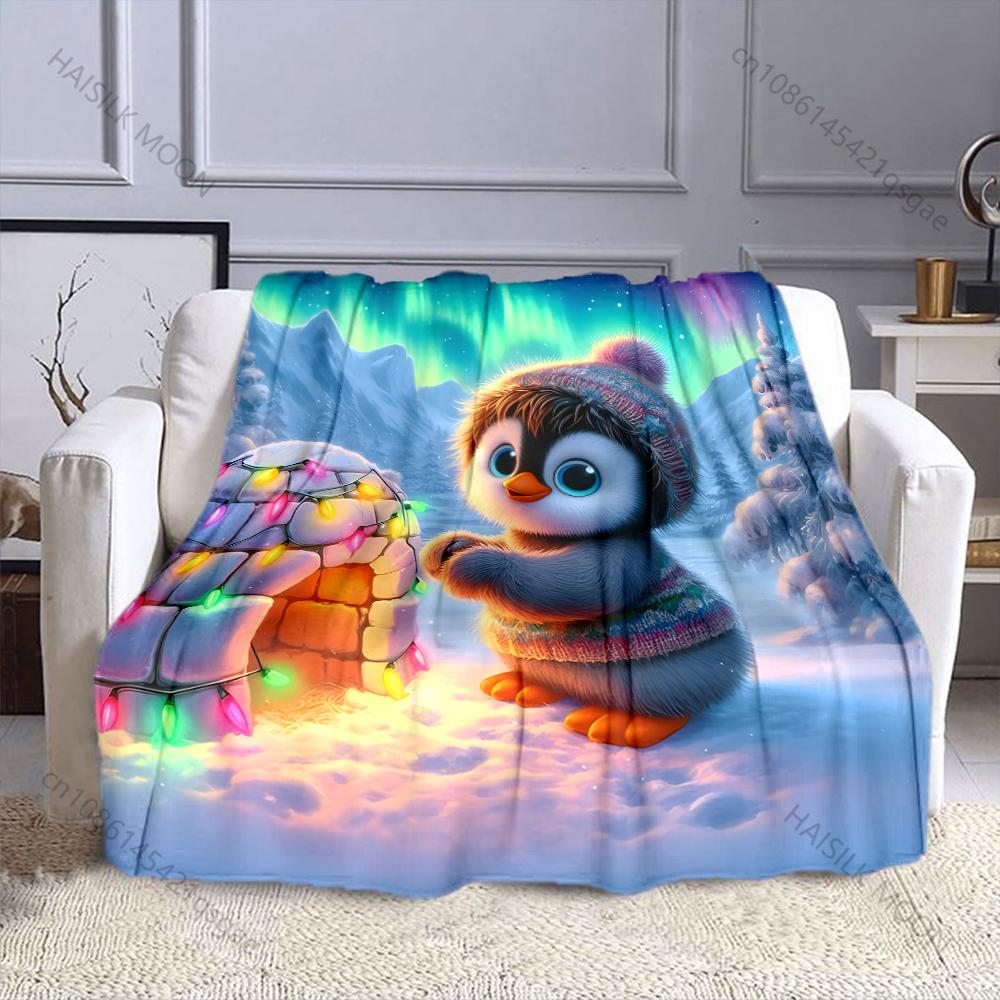 Cute Penguin and Colorful Lights Pattern Blanket Flannel Material Soft Warm for All Seasons Home Outdoor Camping Picnics RV