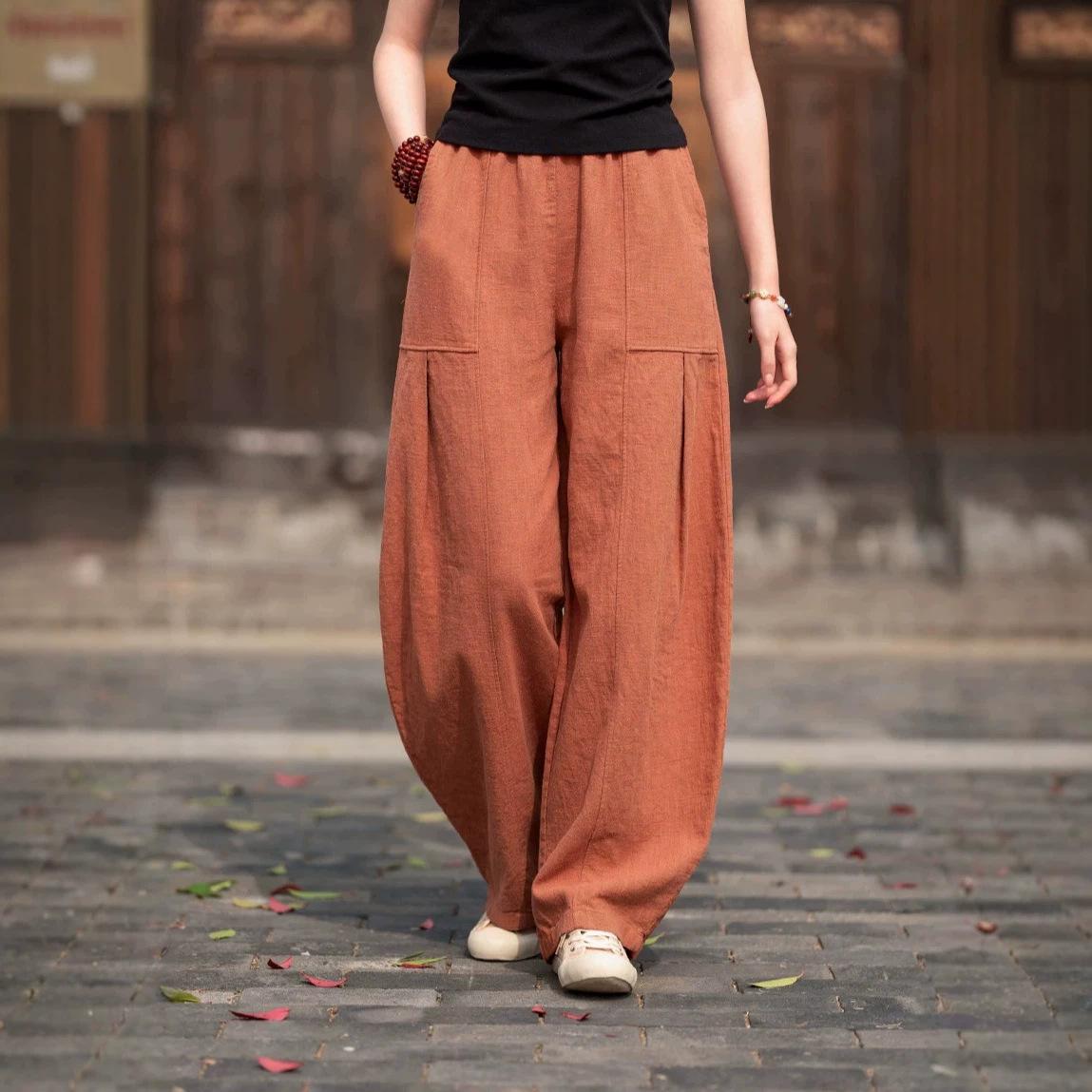 Women S Cotton Linen Blend Loose Fit Casual Trousers Solid Color High Waist Lantern Pants S