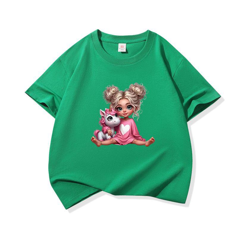 Kids Pure Cotton T Shirt Girl Sitting With Pink Unicorn Print Crew Neck Short Sleeve Tee Casual Boys Girls Summer Tops