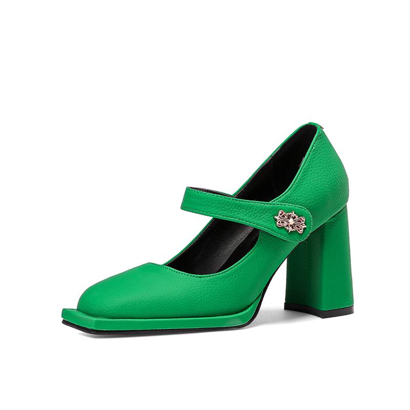 Silný podpatek Single Dámské Boty Jarní Square Head Plochý knoflík Měkká podrážka Mary Jane Dámské Boty Zapatos Para Mujeres