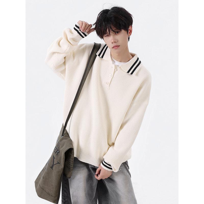 Retro Casual Street Sweater Lapel Long Sleeve Striped Contrast Casual Fashion Top