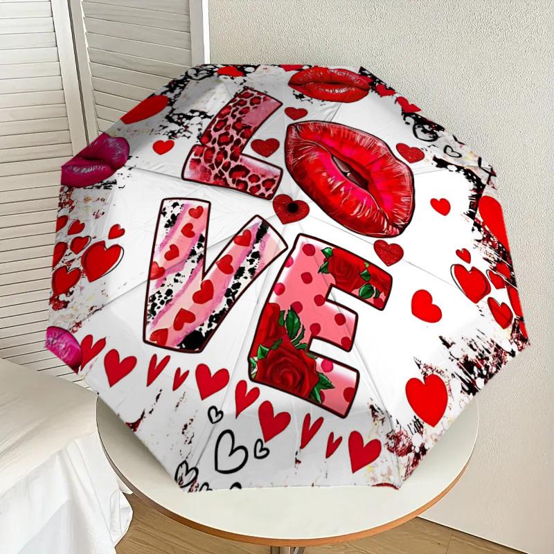 

1pc Love Heart Print Automatic Folding Umbrella, Heavy-Duty 8-Rib Construction, Perfect for Everyday yy251114177