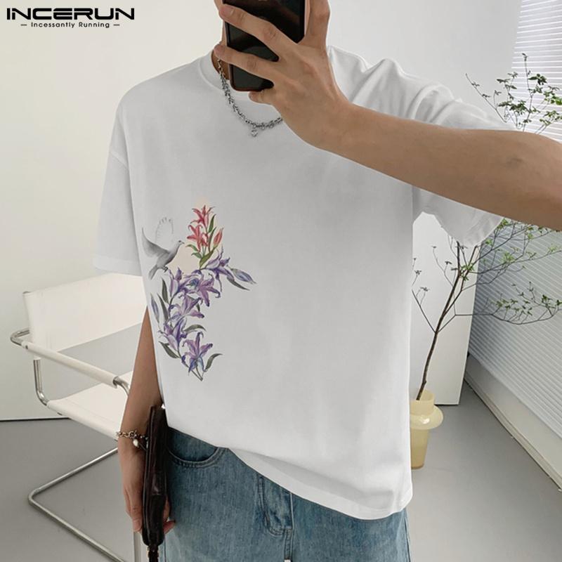 

INCERUN Летние мужские базовые топы с принтом и короткими рукавами, повседневная свободная блузка больших размеров