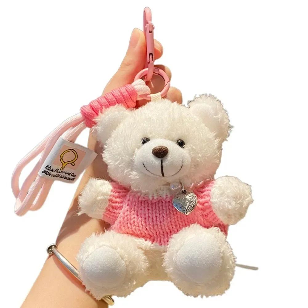 Kawaii Goggles Pilot Bear Keychain Bell Hanging Rope Plush Bear Key Ring Pink Heart Stuffed Animal Pendant Men