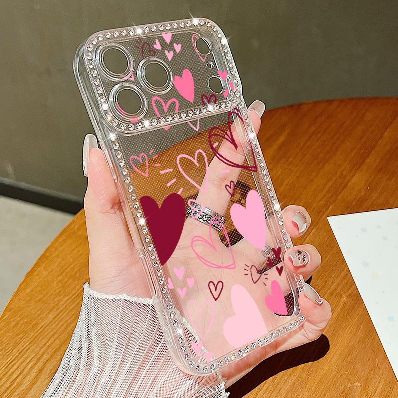 Pink Hearts Eye Pattern Diamond Case For iPhone 17 Pro Max Funda iPhone 16 Pro Max 15 14 13 11 Clear TPU Silicone Soft Cover